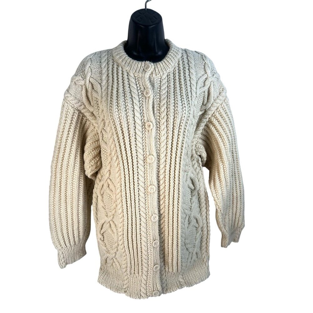 vtg‎ hand knit in Irland fishermans merino wool cardigan ivory womens sz L - Picture 5 of 6